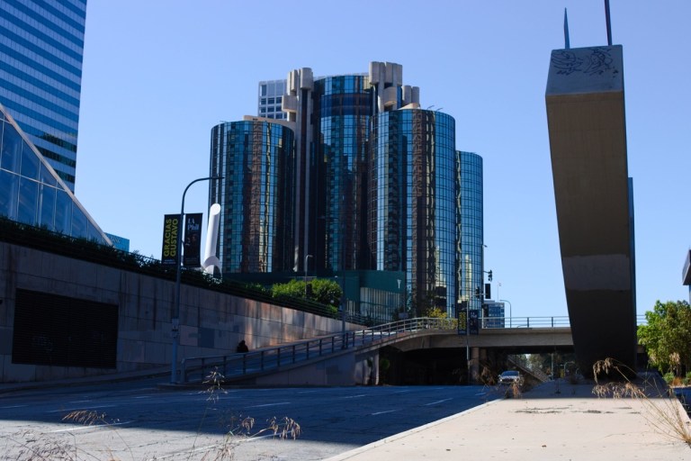 Glass high-rise complex and surrounding infrastructure